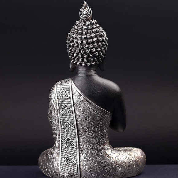 Seated Buddha Statue Silver and Black - Picture 4 of 5